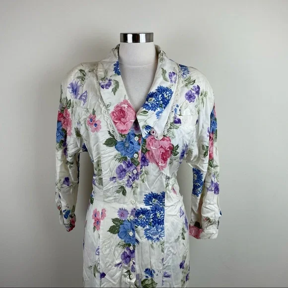 Vintage Moonglow Floral Maxi Dress Long Sleeve Women Size Large White Pink - Picture 4 of 10